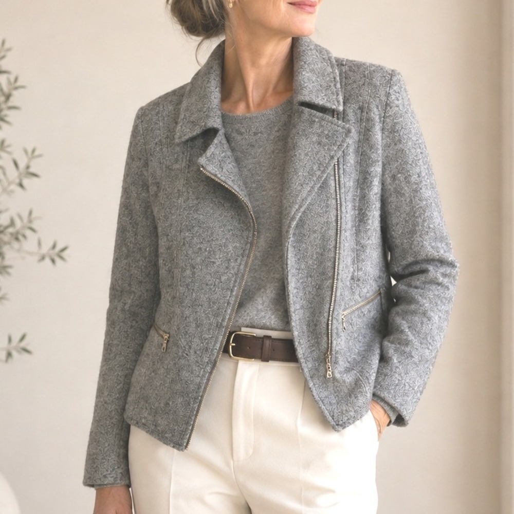 Ann Taylor Gray Moto Jacket NWT Gold Zip Textured Asymmetrical Blazer Large